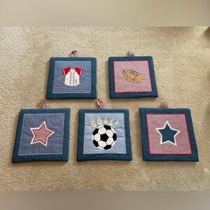 Sports-Themed Quilted Wall Hangings Set of 5 - Baby’s Room - Nursery - Boy